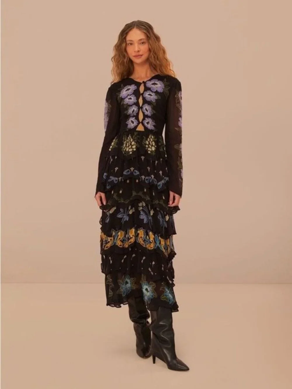 NWT Farm Rio Black Winter Garden Ruffle Maxi Dress LARGE Floral Embroidered NEW - Picture 1 of 12